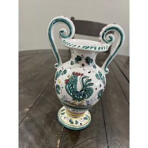 Vtg Grazia Deruta Italy Hand Painted Majolica Rooster Vase Double Handle 7 1/2"
